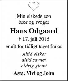 Dødsannoncen for Hans Odgaard - Hvidbjerg thy