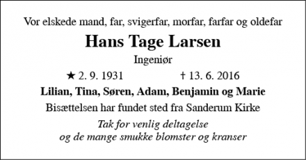 Dødsannoncen for Hans Tage Larsen - Odense