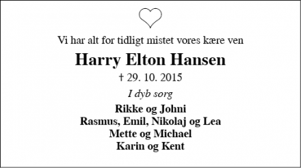 Dødsannoncen for Harry Elton Hansen - Sdr. Nærå