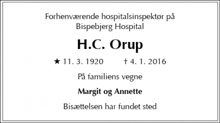 Dødsannoncen for H.C. Orup - Skodsborg
