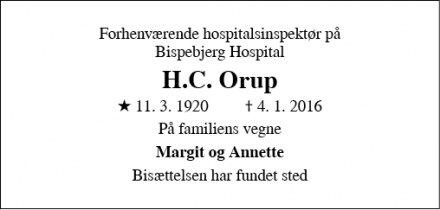 Dødsannoncen for H.C. Orup - Skodsborg