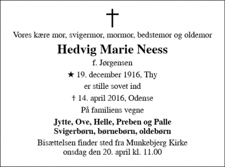 Dødsannoncen for Hedvig Marie Neess - Odense