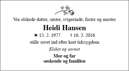 Dødsannoncen for Heidi Hansen - Høruphav