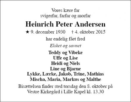 Dødsannoncen for Heinrich Peter Andersen - Aarhus