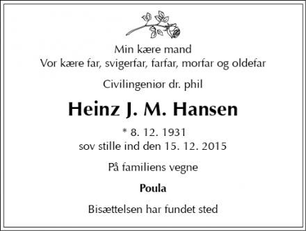 Dødsannoncen for Heinz J M Hansen - København K