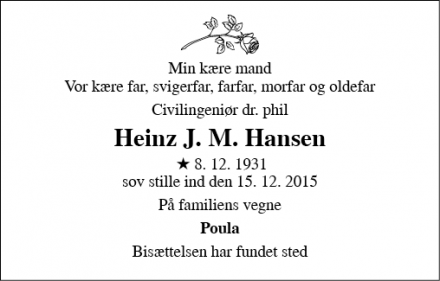 Dødsannoncen for Heinz J M Hansen - København K