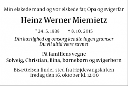 Dødsannoncen for Heinz Werner Miemietz - København