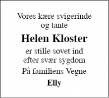 Dødsannoncen for Helen Kloster - Holstebro