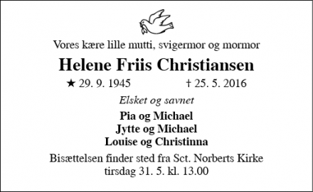 Dødsannoncen for Helene Friis Christiansen - Vejle