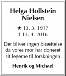 Dødsannoncen for Helga Hollstein Nielsen - Allerød