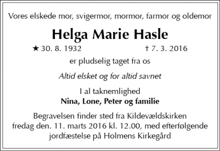 Dødsannoncen for Helga Marie Hasle - Østerbro