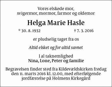 Dødsannoncen for Helga Marie Hasle - Østerbro