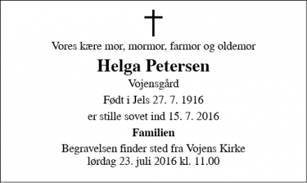 Dødsannoncen for Helga Petersen - Vojens
