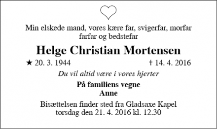 Dødsannoncen for Helge Christian Mortensen - Gladsaxe