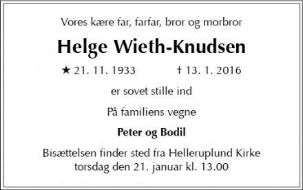 Dødsannoncen for Helge Wieth-Knudsen - Hellerup (Kbh.)