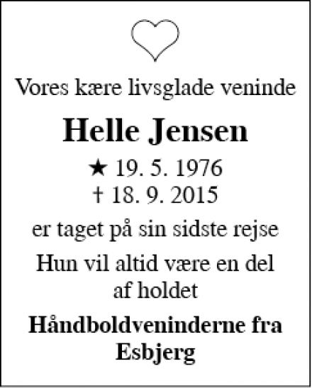 Dødsannoncen for Helle Jensen - Esbjerg