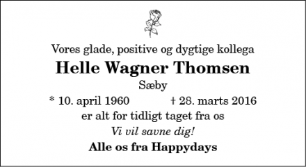 Dødsannoncen for Helle Wagner Thomsen - Sæby