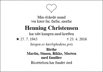 Dødsannoncen for Henning Christensen - 8355 Solbjerg