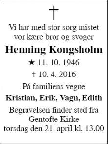 Dødsannoncen for Henning Kongsholm - Gentofte