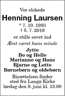 Dødsannoncen for Henning Laursen - Vojens