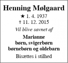 Dødsannoncen for Henning Mølgaard - Birkerød