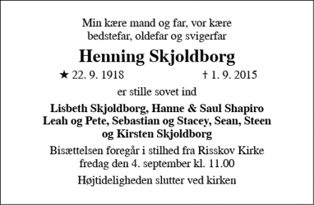 Dødsannoncen for Henning Skjoldborg - Aarhus/ risskov