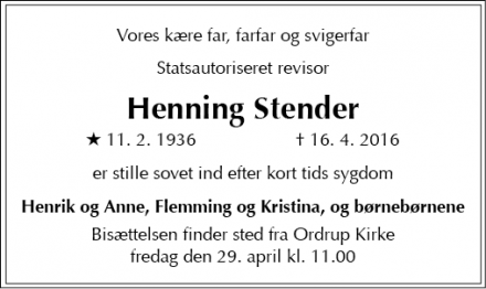 Dødsannoncen for Henning Stender - Gentofte