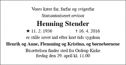 Dødsannoncen for Henning Stender - Gentofte