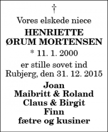 Dødsannoncen for Henriette Ørum Mortensen - Rubjerg