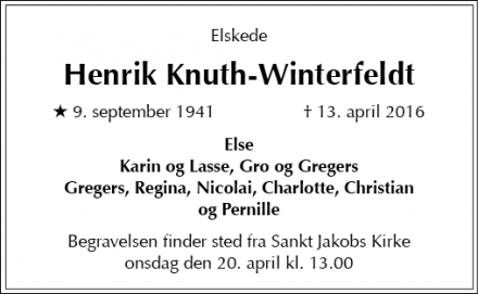 Dødsannoncen for Henrik Knuth-Winterfeldt - København