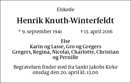 Dødsannoncen for Henrik Knuth-Winterfeldt - København
