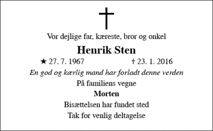 Dødsannoncen for Henrik Sten - Middelfart