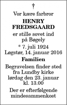 Dødsannoncen for Henry Fredsgaard - Løgstør