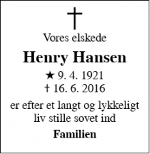 Dødsannoncen for Henry Hansen - Frederiksberg C