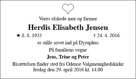 Dødsannoncen for Herdis Elisabeth Jensen - Odense