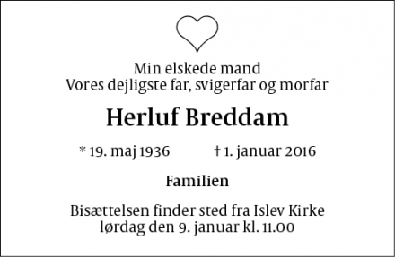 Dødsannoncen for Herluf Breddam - Rødovre