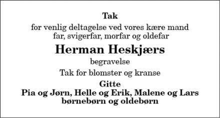 Dødsannoncen for Herman Heskjær - Vadum