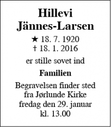 Dødsannoncen for Hillevi Jännes-Larsen - Vanløse