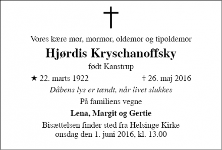 Dødsannoncen for Hjørdis Kryschanoffsky - Helsinge
