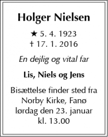 Dødsannoncen for Holger Nielsen - Nordby, Fanø