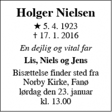 Dødsannoncen for Holger Nielsen - Nordby, Fanø