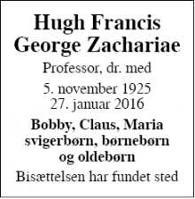 Dødsannoncen for Hugh Francis  George Zachariae - Aarhus