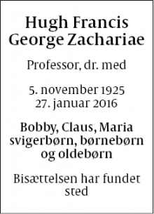 Dødsannoncen for Hugh Francis  George Zachariae - Aarhus