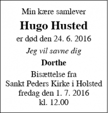Dødsannoncen for Hugo Husted - Holsted