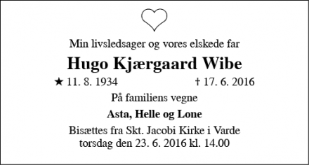 Dødsannoncen for Hugo Kjærgaard Wibe - Odder