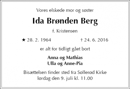 Dødsannoncen for Ida Brønden Berg - Birkerød