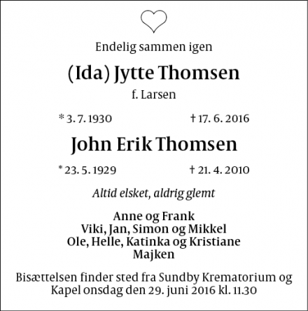 Dødsannoncen for (Ida) Jytte Thomsen - København