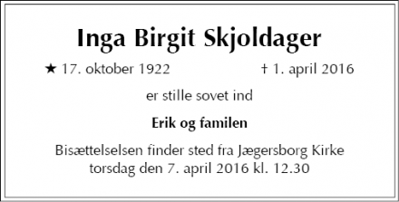 Dødsannoncen for Inga Birgit Skjoldager  - Hellerup
