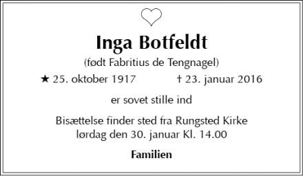 Dødsannoncen for Inga Botfeldt - Hørsholm