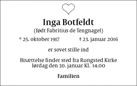 Dødsannoncen for Inga Botfeldt - Hørsholm